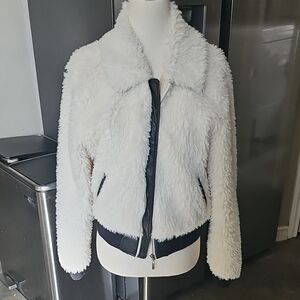 Guess Jacket Coats Guess Faux Fur Zip Up Bomber Jacket Logo Ivory Size S